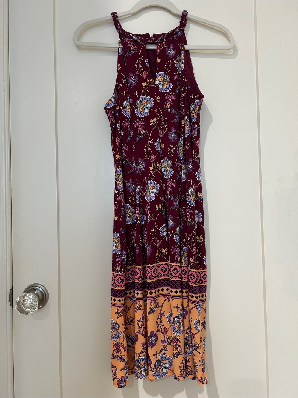 Maggy London Floral High-Neck Midi Dress in Burgundy